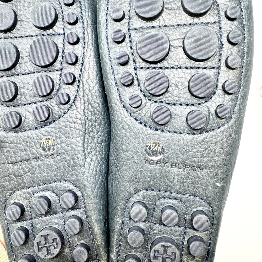 Tory Burch Kendrick Tumbled Leather Driver Loafers - Navy Blue size 7.5